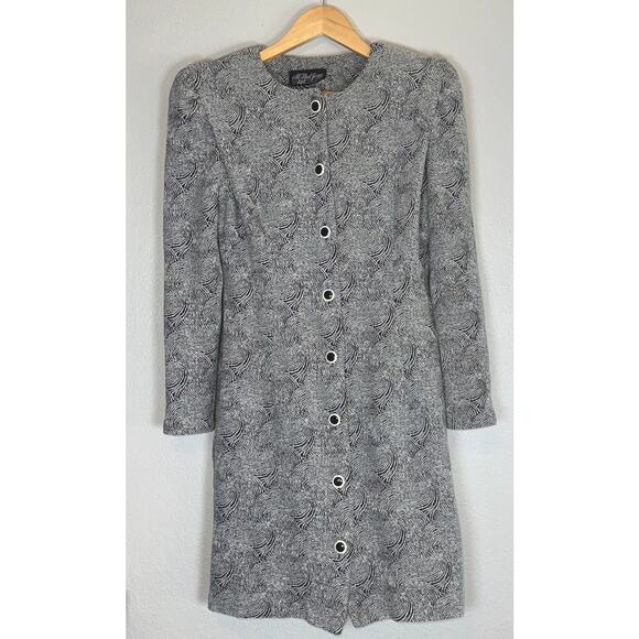 Vintage 80s Black White Structured Power Dress Womens Large Bold Abstract Print - Picture 1 of 4